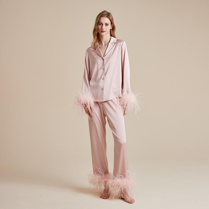 Women's Ice Silk Autumn Pajama Set with Detachable Feather Accents, Long Sleeve and Pants, French High-End Pure Desire Style
