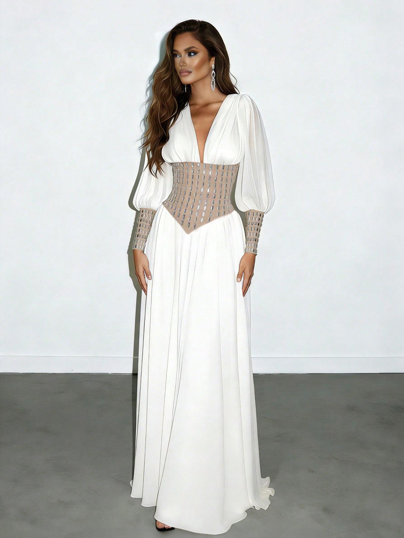 

2026 European & American Fashion Casual Loose Evening Gown with Nail Drill Mesh 2X Large