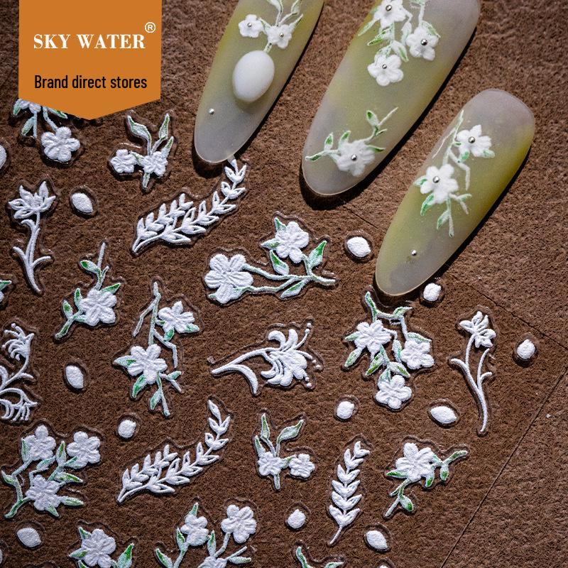 Sky White Camellia 6D Stereo Embossed Nail Art Stickers - Ancient Chinese Style.