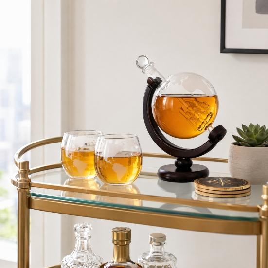 Welt Erde Karaffe Set, 850ml Schiff Whiskey Karaffe mit 2 Gläsern, Holzständer Rotierender Weinspender, Geschenk für Männer Papa