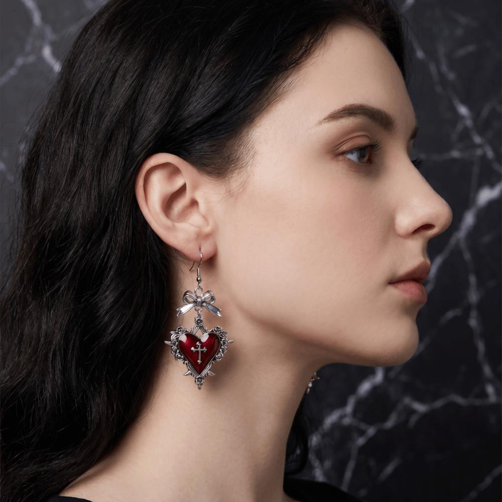 Bow Heart Cross Earrings Red Enamel Halloween Dangle Earrings Thorn Rose Drop Earrings Women