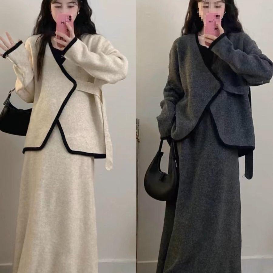 Damen Übergröße Unregelmäßiges Zweiteiliges Set mit Fleece-Futter: Schlankmachender Midirock für Herbst/Winter