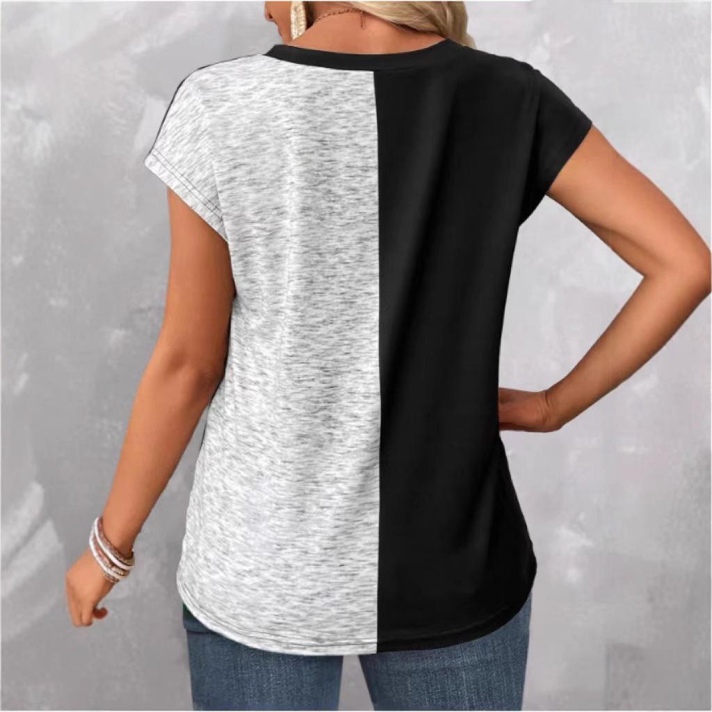 New Summer Two-tone V-neck Button-decorated Casual Short-sleeved Top