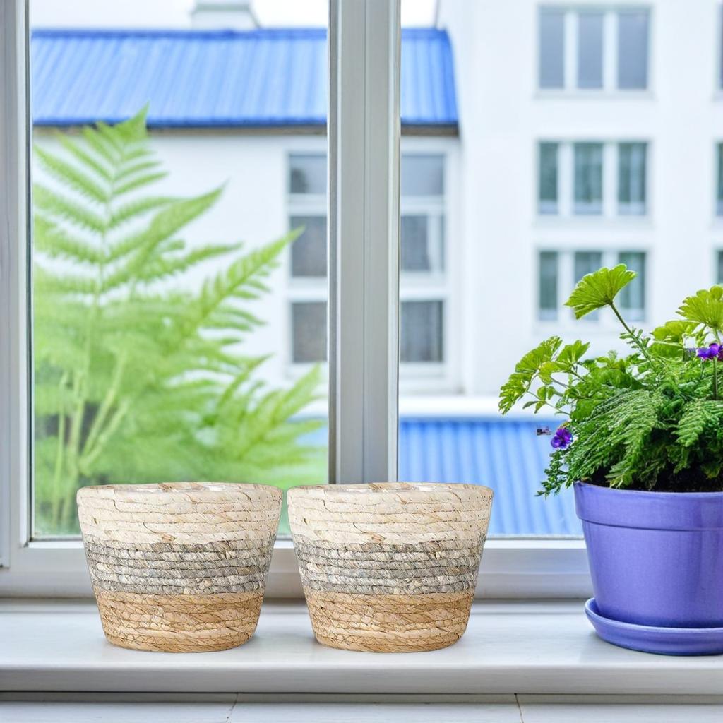 2Pcs Straw Flower Baskets Woven Planters Decorative Holders for Plants Desktop Garden Decor Woven Flower Baskets