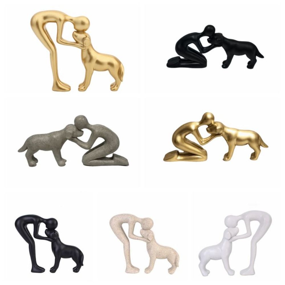 Creative Resin Dog Statue Home Decoration Funny Desktop Ornaments Cute Nordic Style Men and Dog Figurine Dog Owning Family