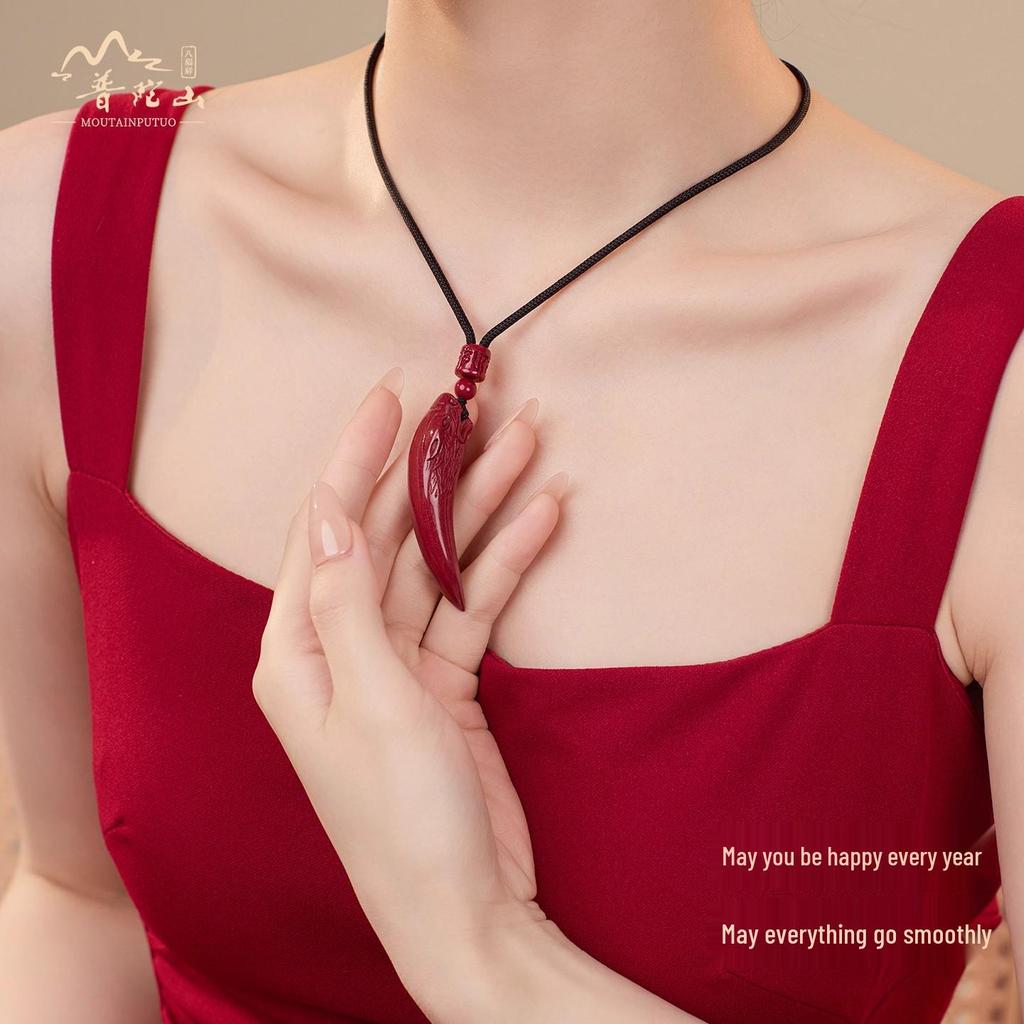 Putuoshan Cinnabar Wolf Tooth Pendant Necklace - Safety Amulet Gift for Women, Men, or Boyfriend