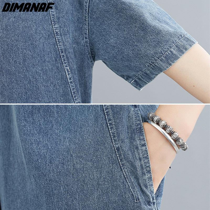 DIMANAF Women 2023 New Summer Dress Denim Short Sleeve Dress V-Neck Elegant Long Dress Loose Dress Blue Basic Dresses