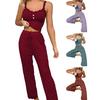 2 Pcs/Set Women Crop Top Pants Suit Flower Edge V Neck Drawstring Elastic High Waist Solid Color Sleeveless Elastic Camisole Long Trousers Set Pajamas