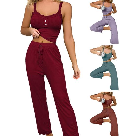 2 Pcs/Set Women Crop Top Pants Suit Flower Edge V Neck Drawstring Elastic High Waist Solid Color Sleeveless Elastic Camisole Long Trousers Set Pajamas