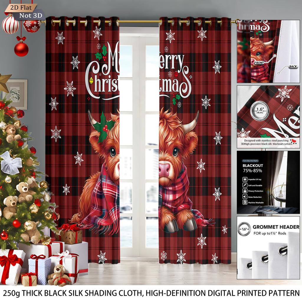 2 Christmas Checkered Highland Cattle Print Blackout Curtains Multiple Sizes Living Room Insulation Decoration Machine Washable