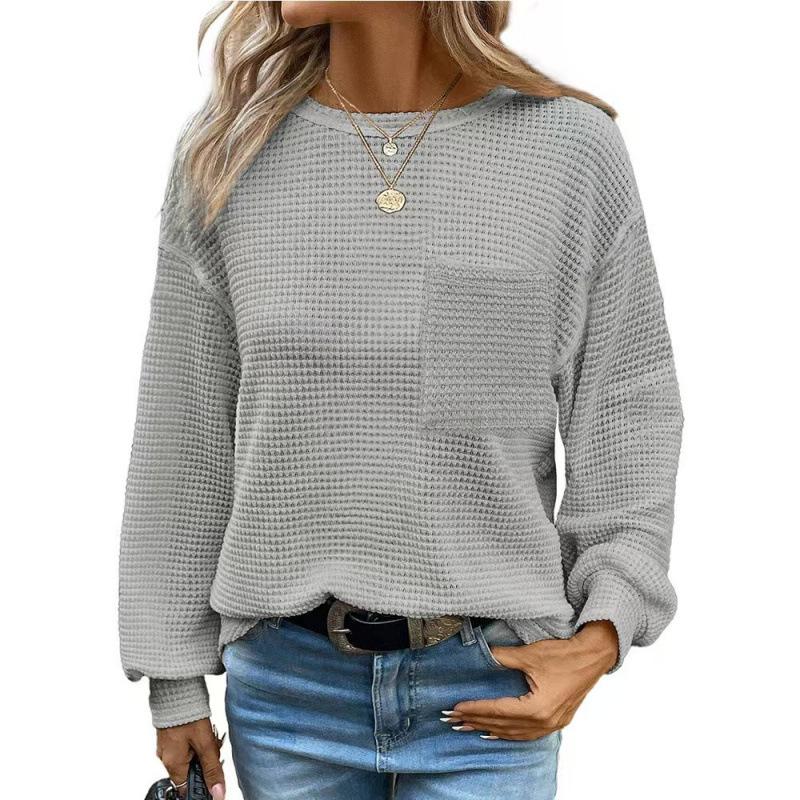 2026 Waffle Knit Round Neck Pocket Casual Loose T-shirt - TikTok Trendy