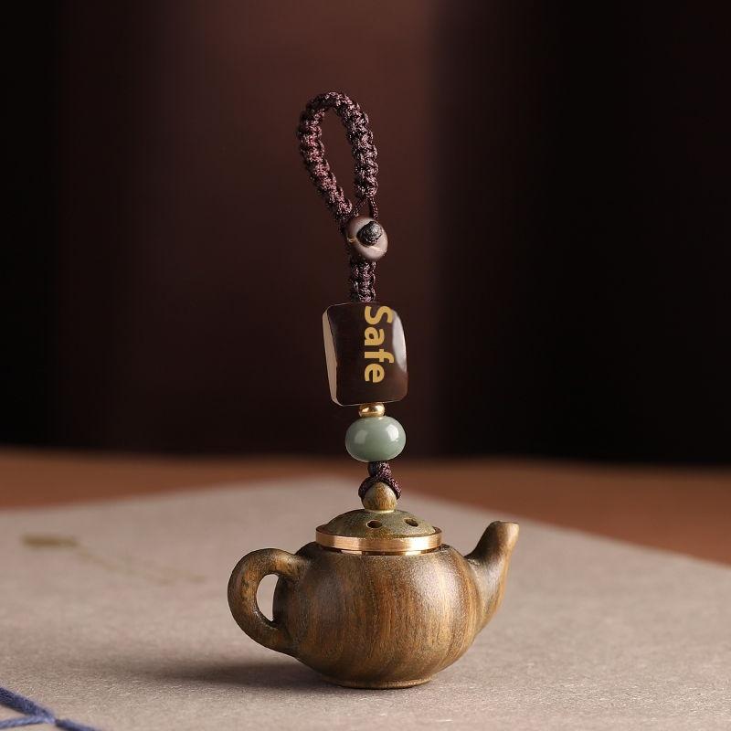 Mini Little Teapot Keychain Waterproof Openable Carved Teapot Pendant Woven Rope Beads Green Sandalwood Phone Chain