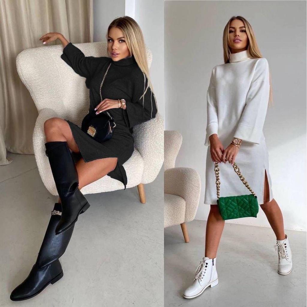 2023 Spring High Neck Long Sleeve Slit Sweatshirt Dress for Women