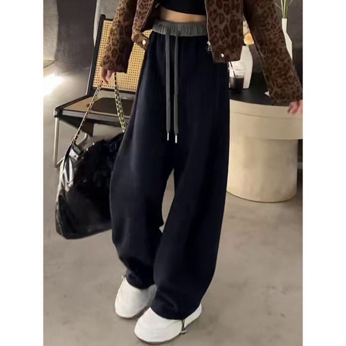 Women s Plus Size Fleece-Lined Black Wide Leg Sweatpants - Autumn/Winter, Slimming, Loose Fit L