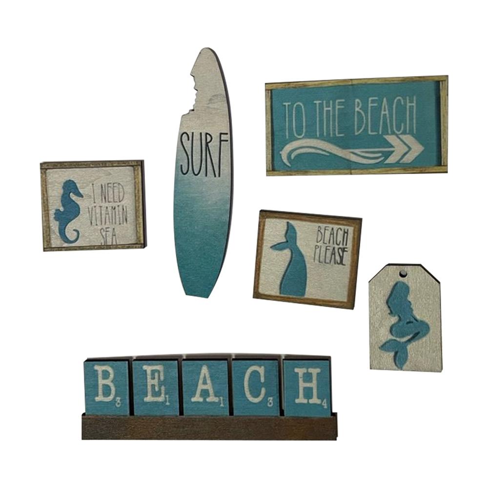 Wooden Beach Mermaid Theme Sign Tiered Tray Decoration Wood Seaside Figurines Plaque Coastal Bar Decoration Desk Ornament