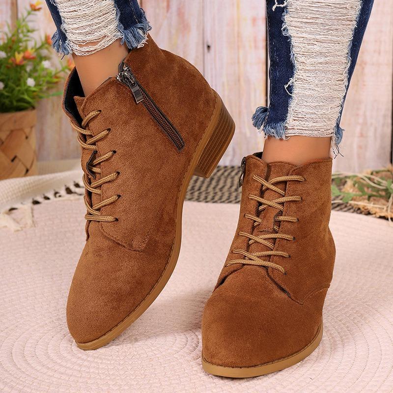 Flat low-heeled Martin boots women's autumn and winter new matte suede short thin boots lace-up side zipper women's boots