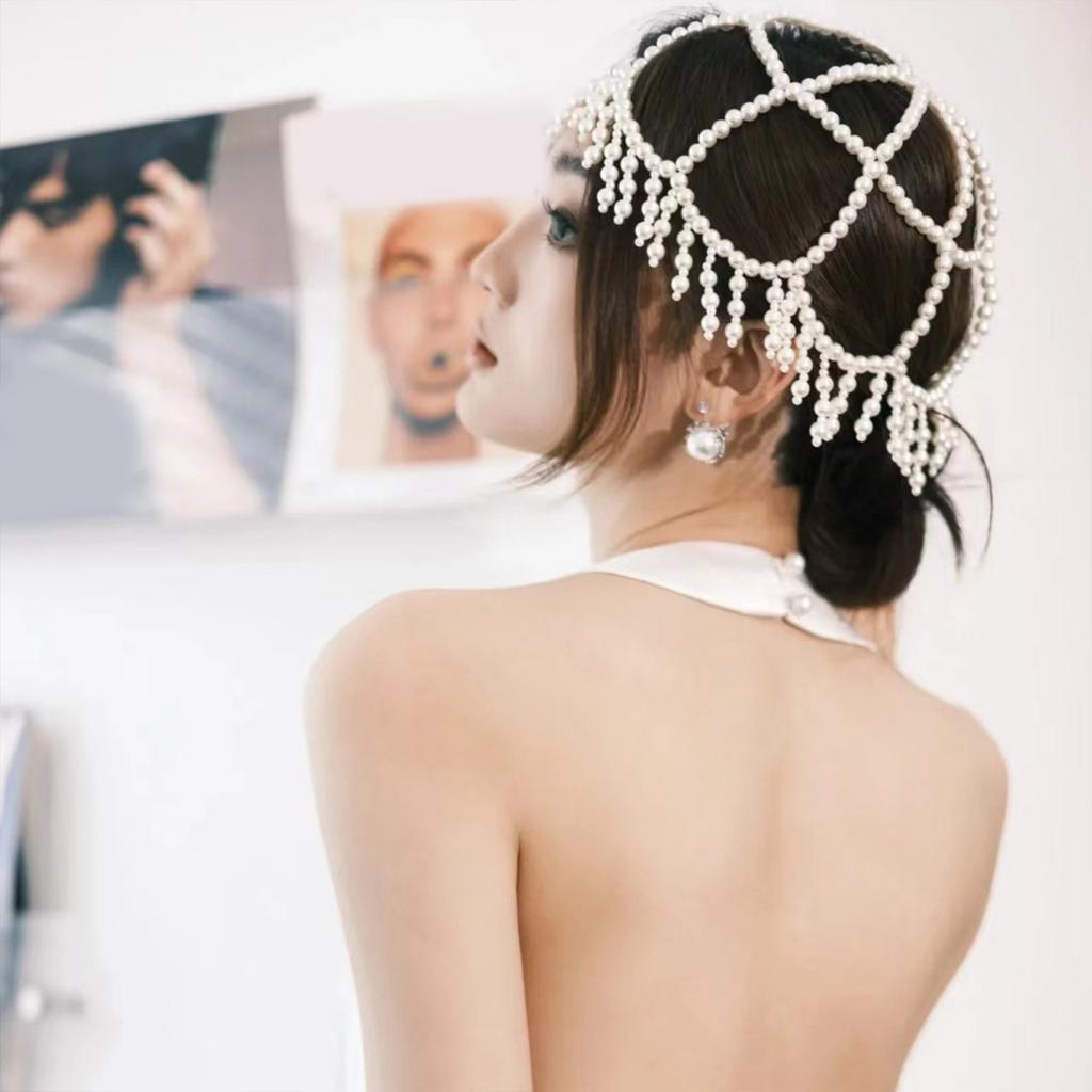 Women Hat Pearls Hair Jewelry Bridal Modern Blingbling Tassels Pearls Hat for Bride Wedding Party Head Chain