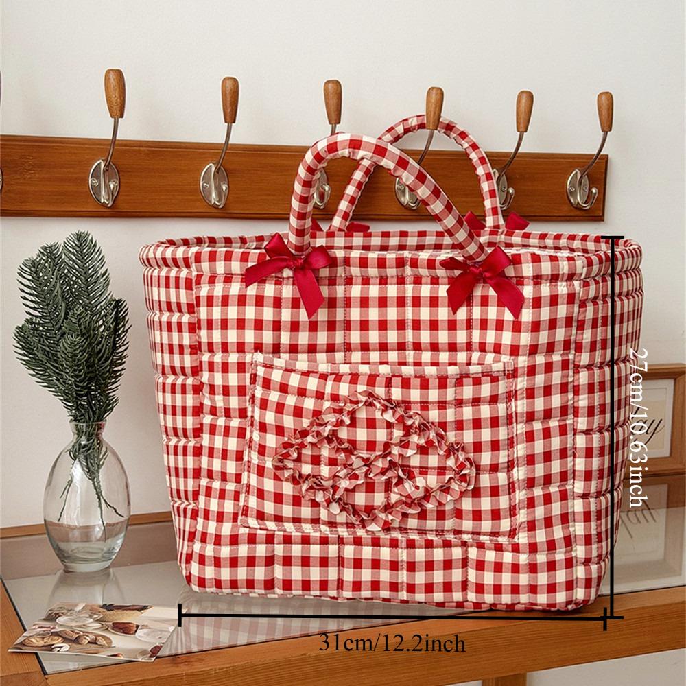 Portable Home Storage Basket Foldable Red Grid Organizers Basket with Handle for Snack Clothes Toys Storage Basket Ins Handbag