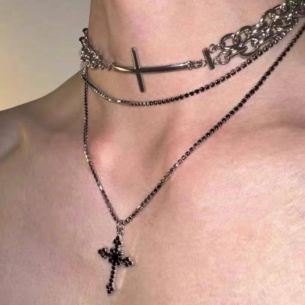 Hip-hop Punk Sliver Color Cross Splicing Double Chain Choker Cross Pendant Multi-layer Fold Wear Necklace for Women Men Jewelry
