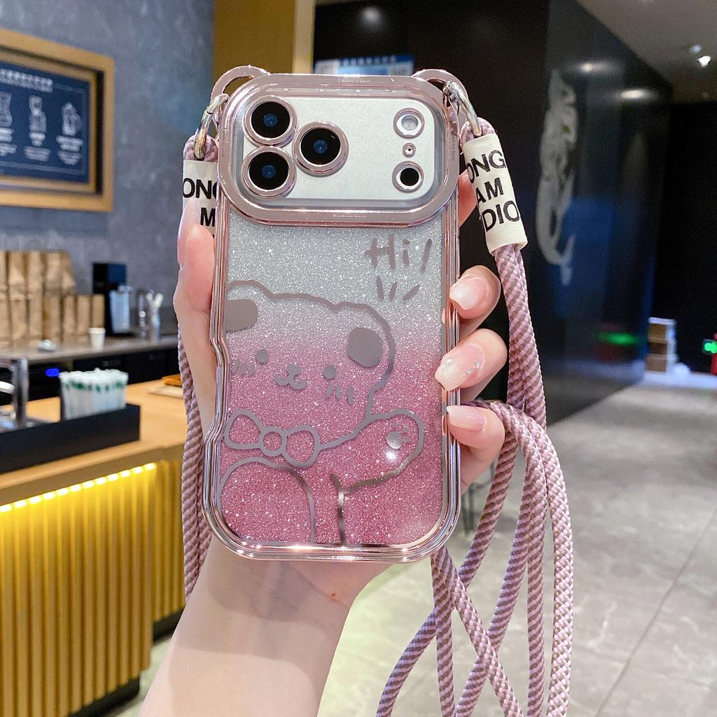 Cute Bear Ear Plating Crossbody Strap To Phone Case For iPhone 17 16 15 14 13 12 11 Pro Max X Xs Max 7 8 Plus 17Air Cover Girl
