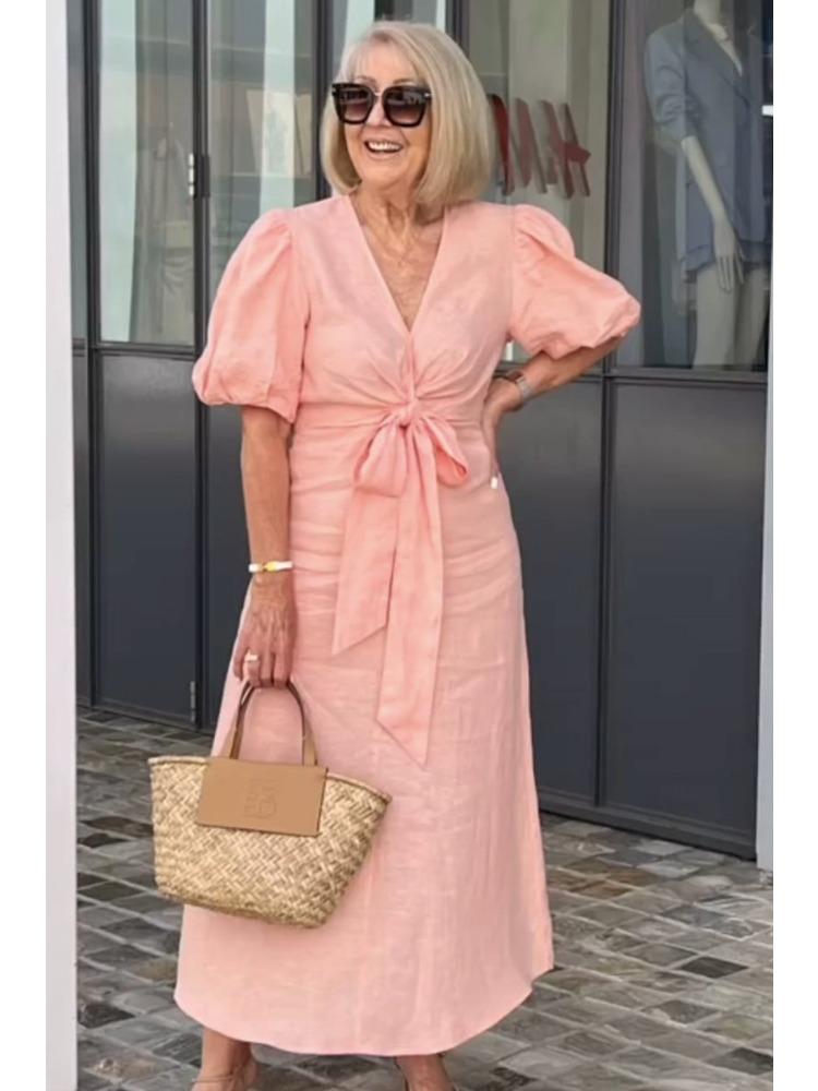 Women's Spring Summer Art Deco-inspired Vintage V-neck Lace-up Puff-Sleeve Cotton A-line Solid-Colour Dress