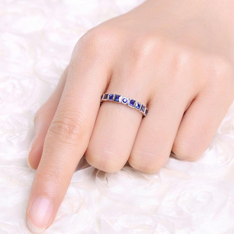 WOSIKATE Simple Row-set Synthetic Sapphire Ring For Women Silver-plated Fashion Jewellery Vintage Engagement Finger Ring
