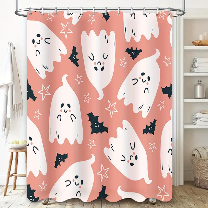 Pink Ghosts Shower Curtain Halloween Decor for Bathroom White Spooky Cute Frightening Spirit Pattern Waterproof Fabric Decoratio