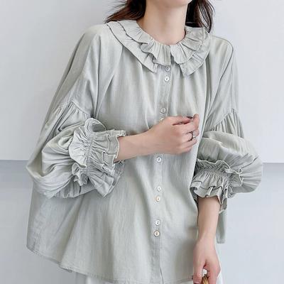 Women's Spring Literary Vintage Cotton Linen Shirt Double Layer Lace Collar Long Sleeve Loose Blouse