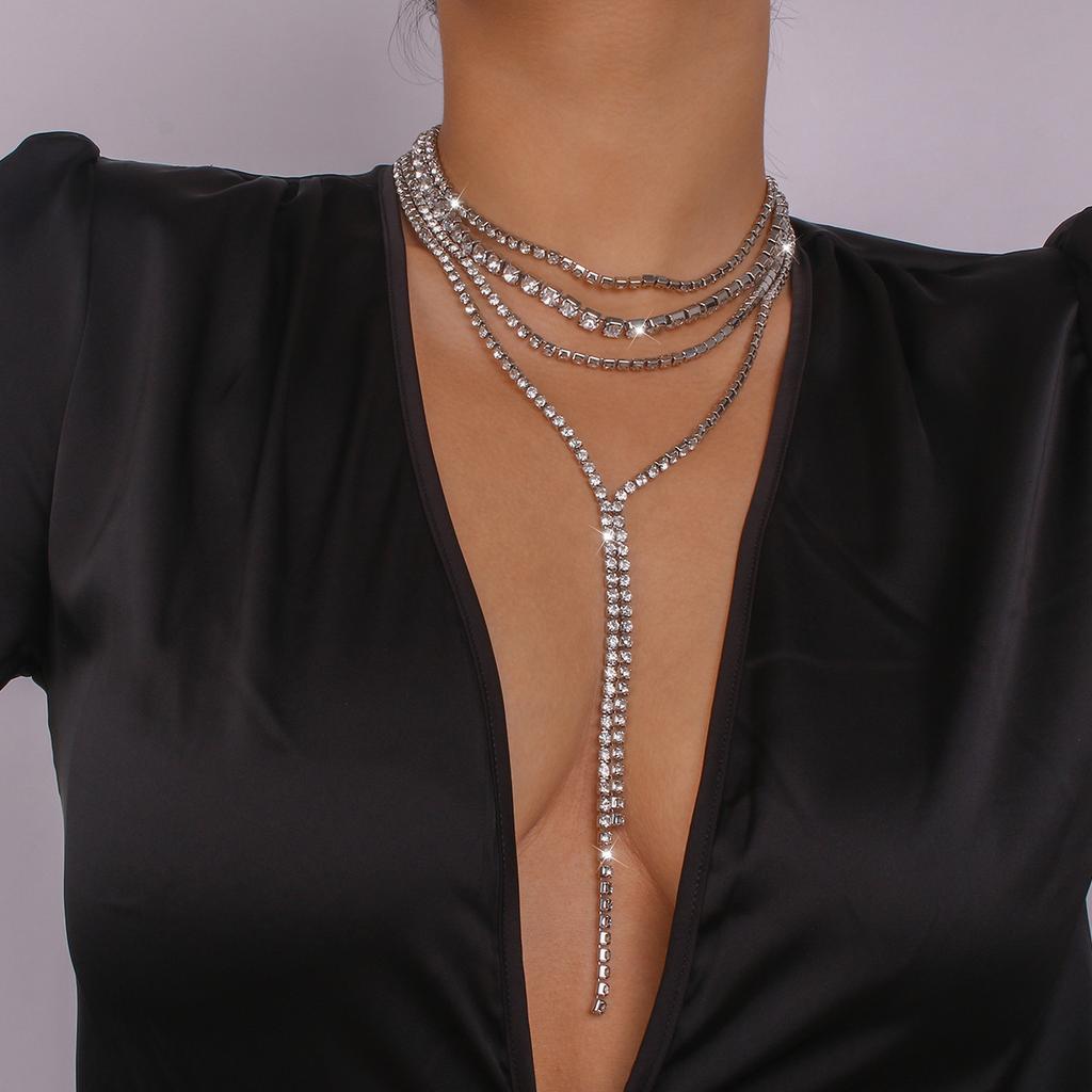 Exaggerated Niche Fashion Rhinestone Necklace Multi-layer Light Luxury Tassel Necklace Dinner Dance Back Accessories