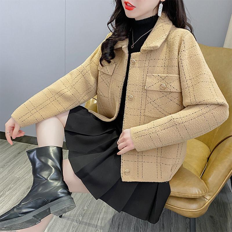 Woolen Cardigan Coat Women Spring and Autumn 2023 Versatile Foreigner Plaid Short Long Sleeve Casual Jacket Cardigan Female Top