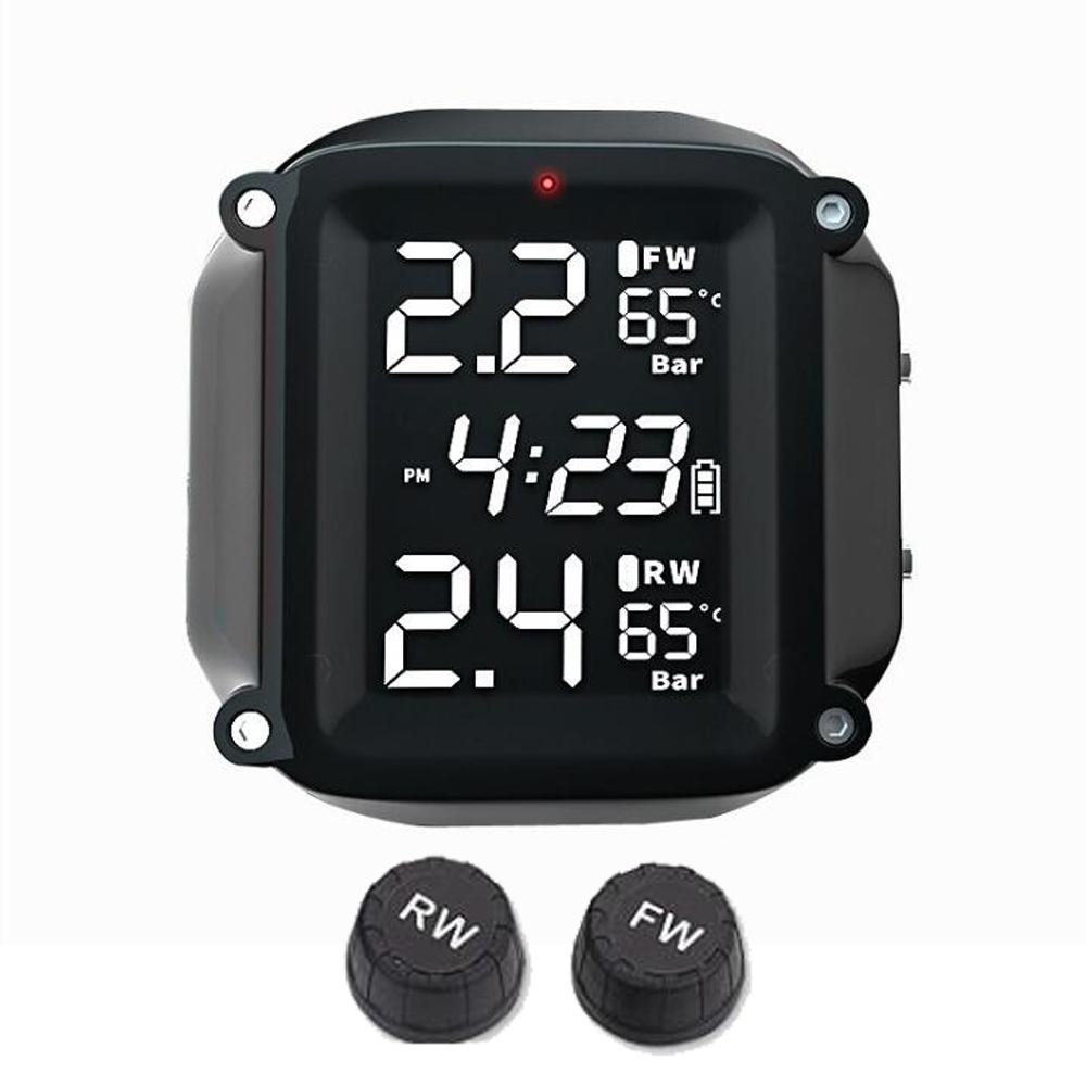 

Беспроводная система контроля давления в шинах TPMS для мотоцикла, 2 шт. внешних датчика, ЖК-дисплей времени, монитор температуры шин, сигнализация External