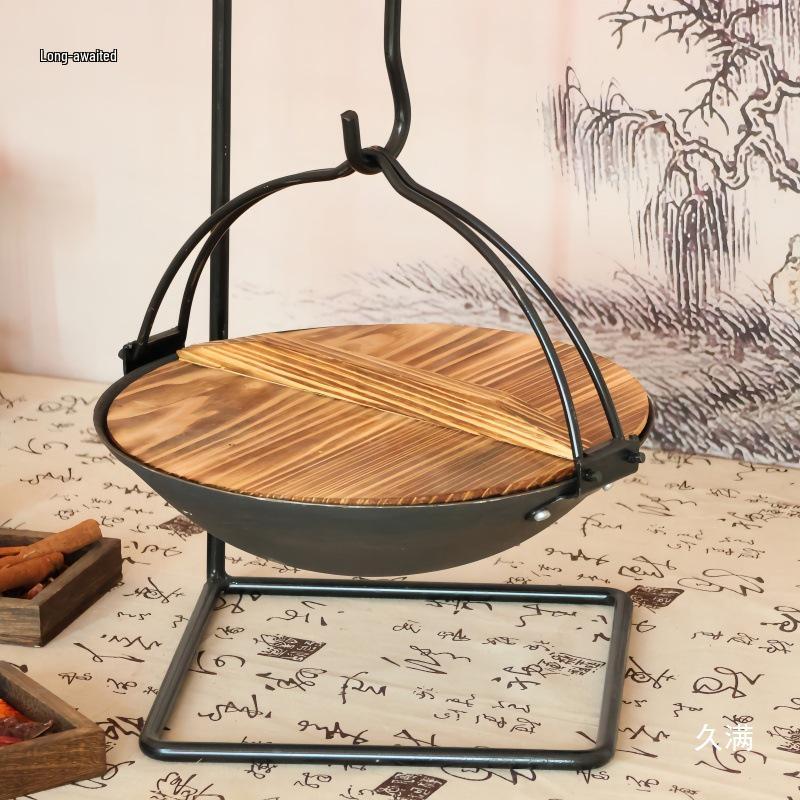 Farmhouse Traditional Cast Iron Hanging Hot Pot Tableware with Stand