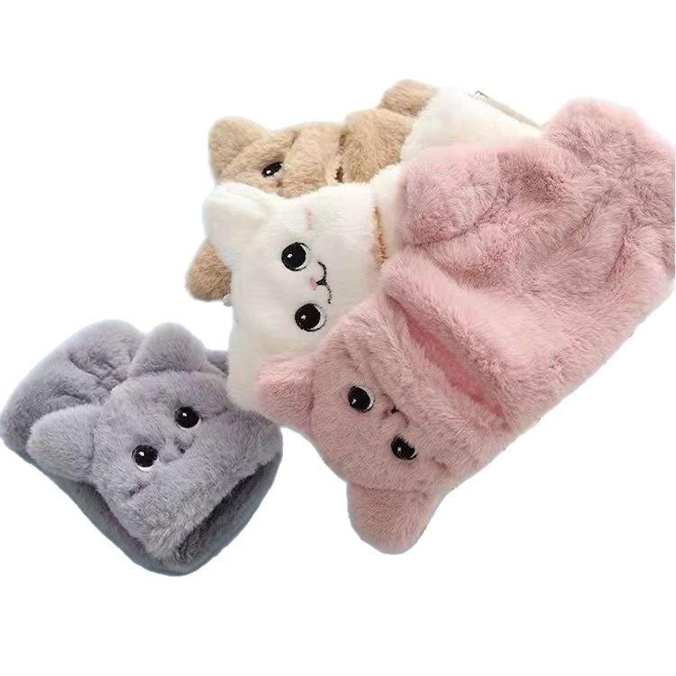 Mode Femmes Gants Chauds en Peluche Fourrure Lapin Chat Mitaines Moufles Gants Sans Doigts à Revers Doux Filles Gants Épais Flexibles Demi-Doigts Hiver