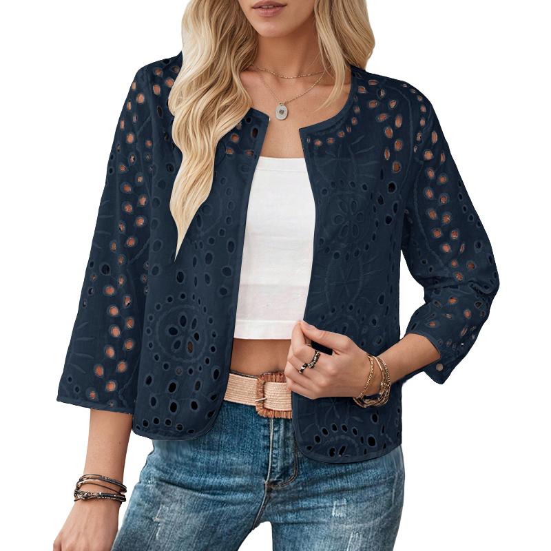 

ZANZEA Женская летняя повседневная блузка-накидка с полым кружевом с вышивкой, рукав 3/4 5XL тёмно-синий