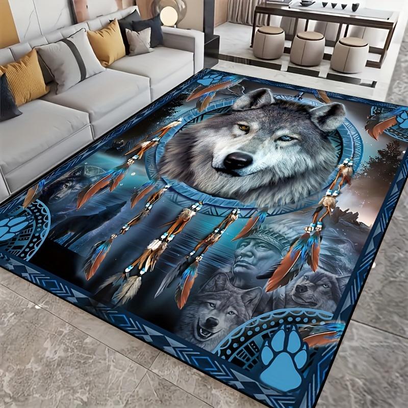 

VIKAMA Native American Wolf Dreamcatcher Area Rug Non Slip Washable Tribal Wolf Feather Print Mat For Living Room Bedroom Decor 80cm x 120cm