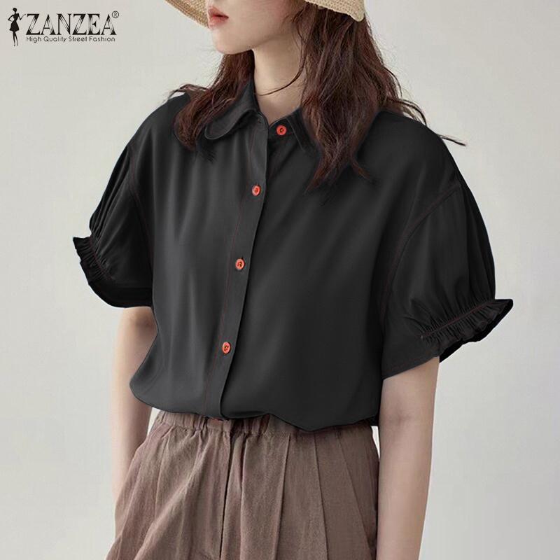 ZANZEA Womens Summer Puff Short Sleeve Casual Button Blouse