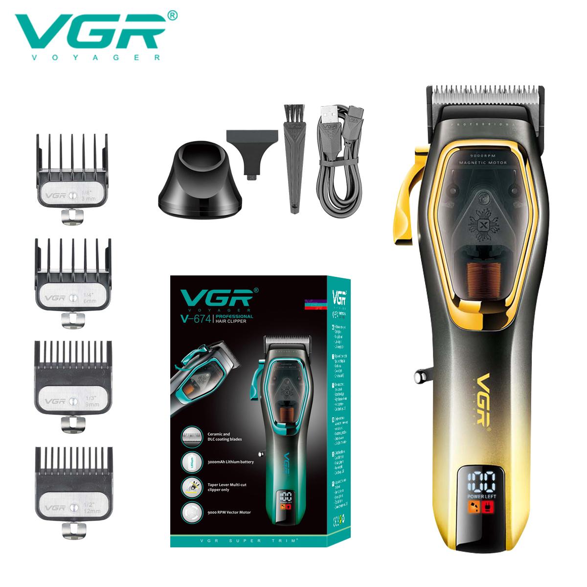 

New VGR Hair Clipper Professional Hair Trimmer 9000 RPM Hair Cutting Machine Adjustable Barber Haircut LED Trimmer with Base for Men Home Shaver V-674 жовтий