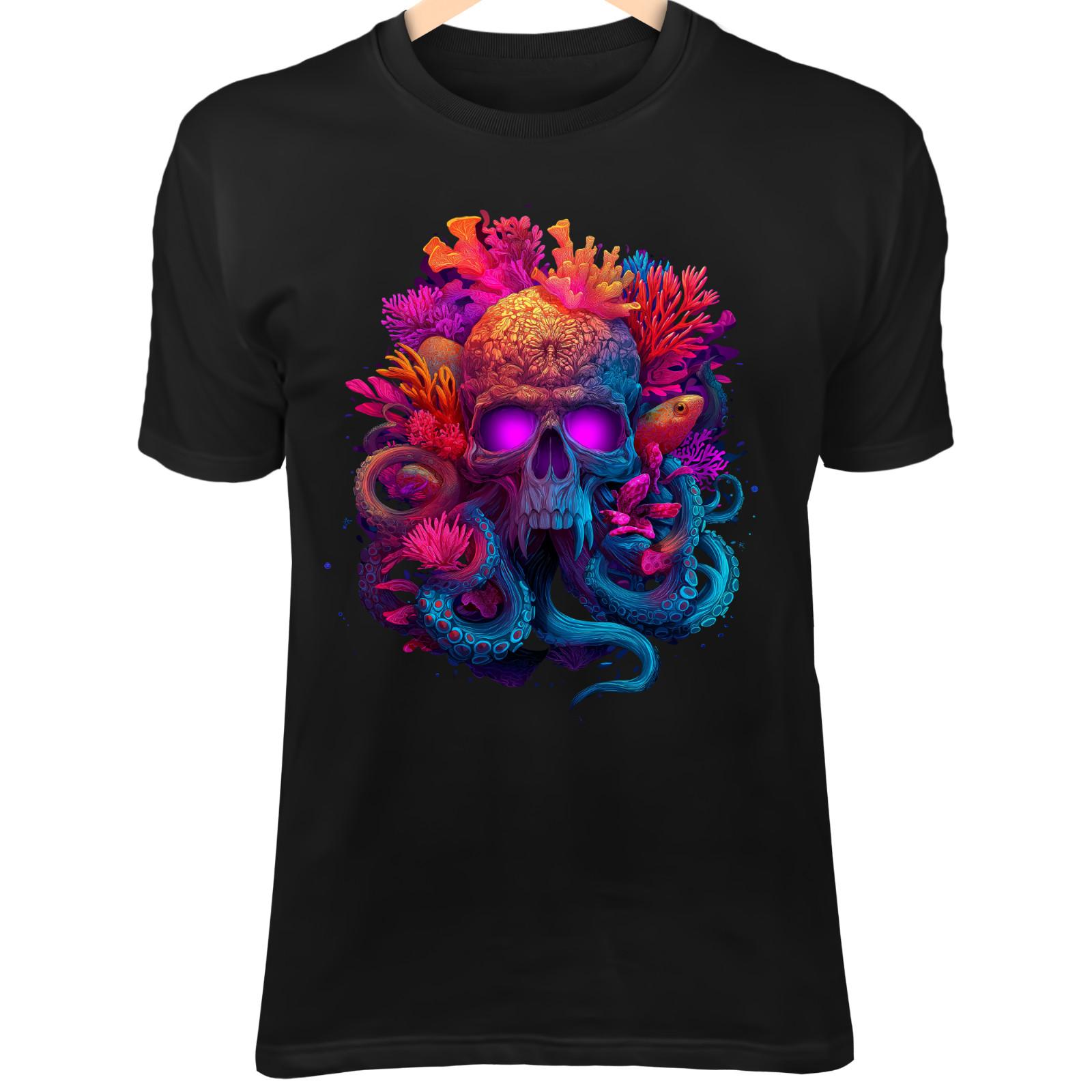 Colorful Skull Octopus III Shirt - Coral Tentacles and Purple Glow Eyes S