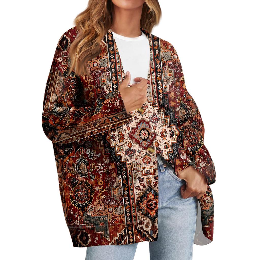 Women's Fashion Long Sleeve Print V-Neck Button Loose Cardigan Top