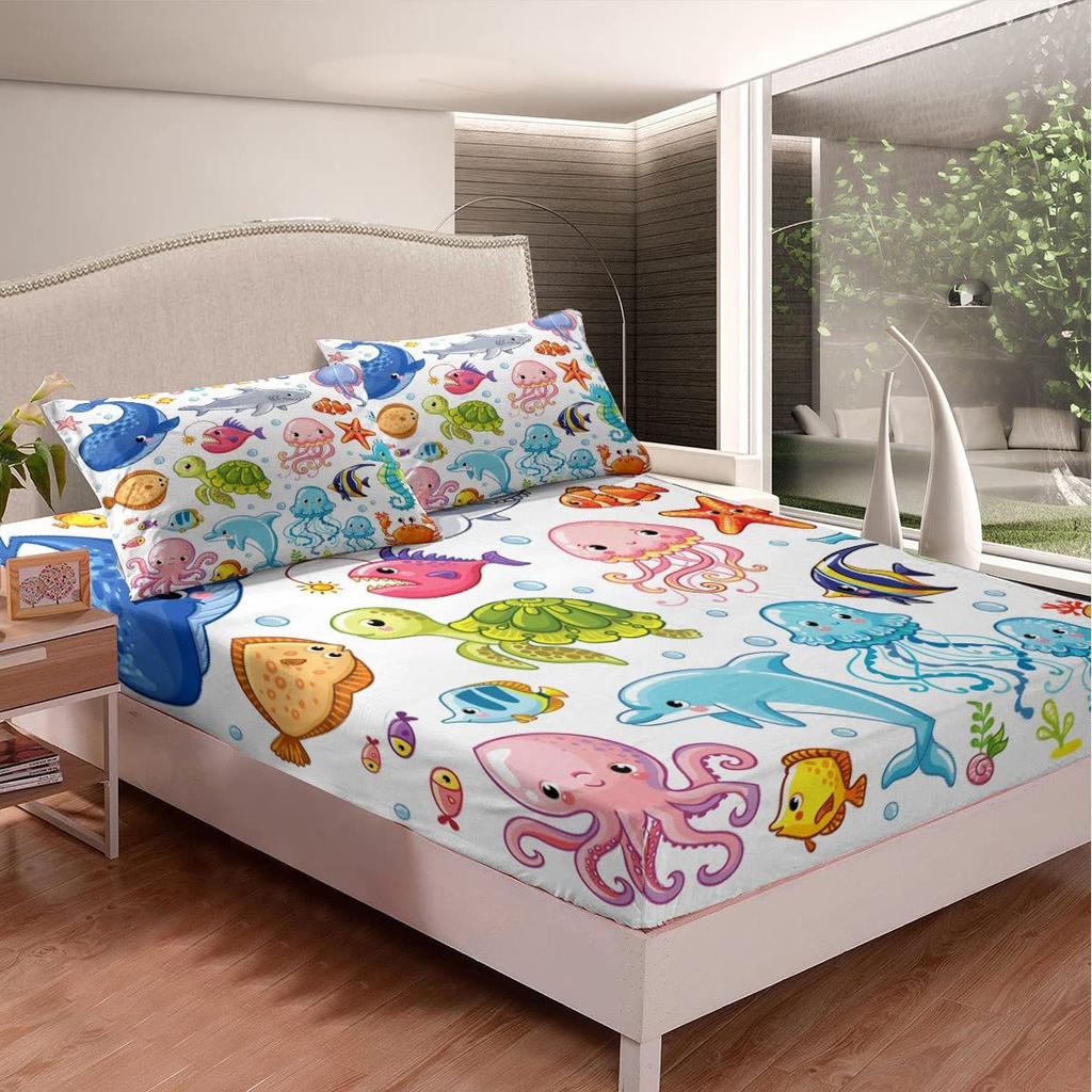 Ocean Submarine Creature Pattern Mattress Four-Piece Bedding Set Bedroom Dormitory Bedding Decoration