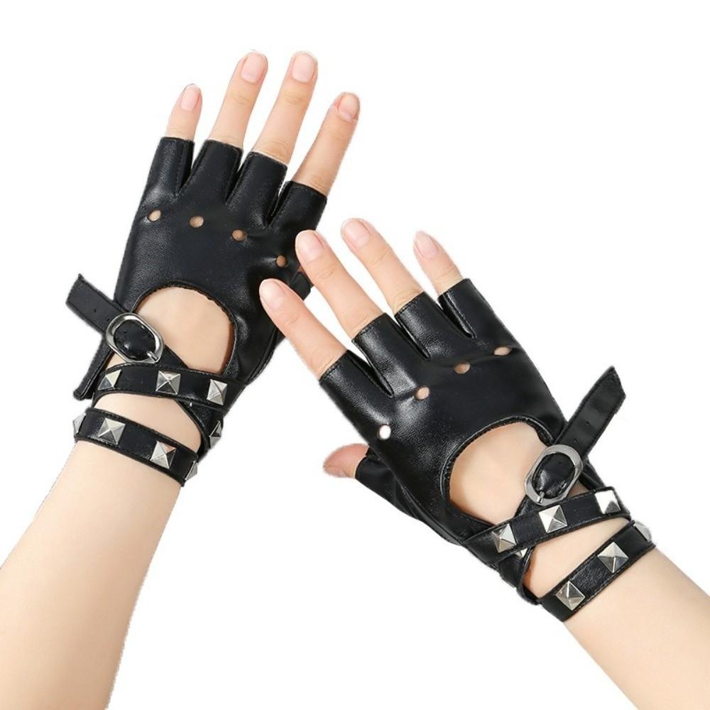 Cool Rivets Belt Wrist Gloves Punk Fingerless Mittens Performance Gloves  Disco Dancing