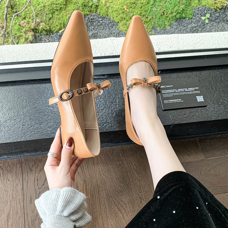 Fashion French Single Shoes Women 2025 Europe Station New Metal Bow Flat Block Heel Comfortable Pointed Toe Shoes