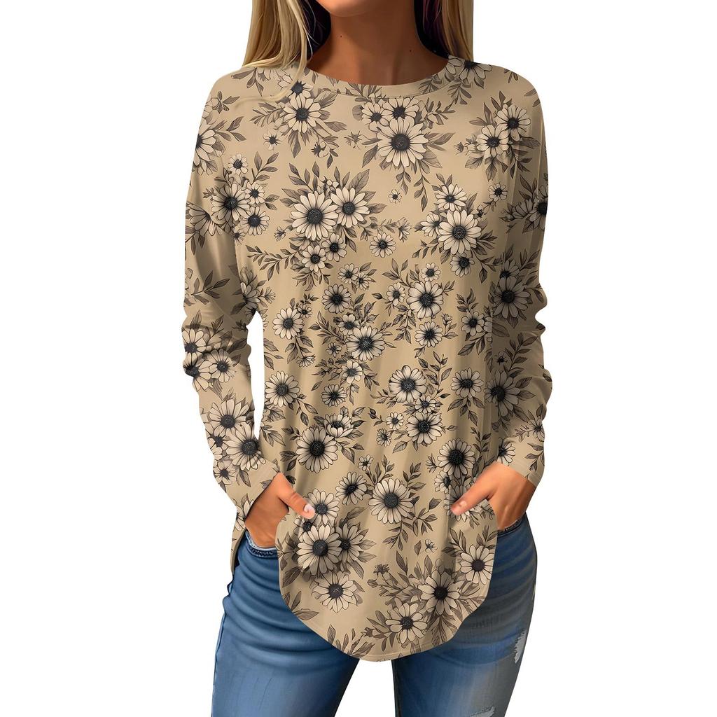 Dames Losse Ronde Hals Print Lange Mouw T-shirt Top Pullover