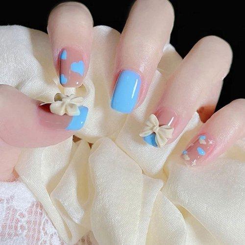 

Sky Blue Ribbon Heart Point Nail Tips [24tips]