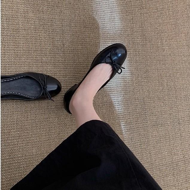 Grape Mother Of The Same Style, Oil Wax Horse Leather Ballet Shoes, Bow, Shallow Mouth, Not Tired Feet, Flat-Soled Single Shoes Women'S Egg Roll Shoes