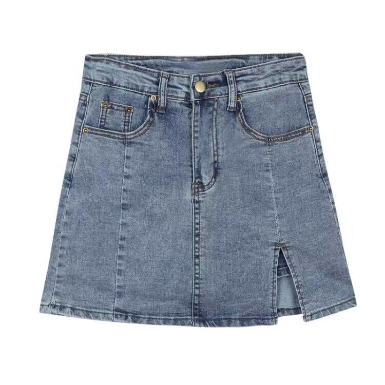 Women's High Waist A-Line Split Denim Mini Skirt - Plus Size, Slimming, Anti-Exposure, Hip-Hugging Design