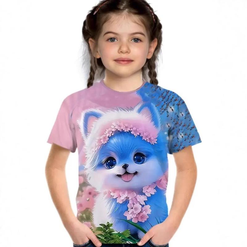 Children's Cartoon Kitten Printed Colorful Round Neck T-shirt for Girls, Fashionable Soft Comfortable T-shirt