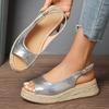 Women's Slope Heel Sandals Summer European & American Style Fishmouth Straw Back Buckle Thick Sole Casual Resort Beach Shoes