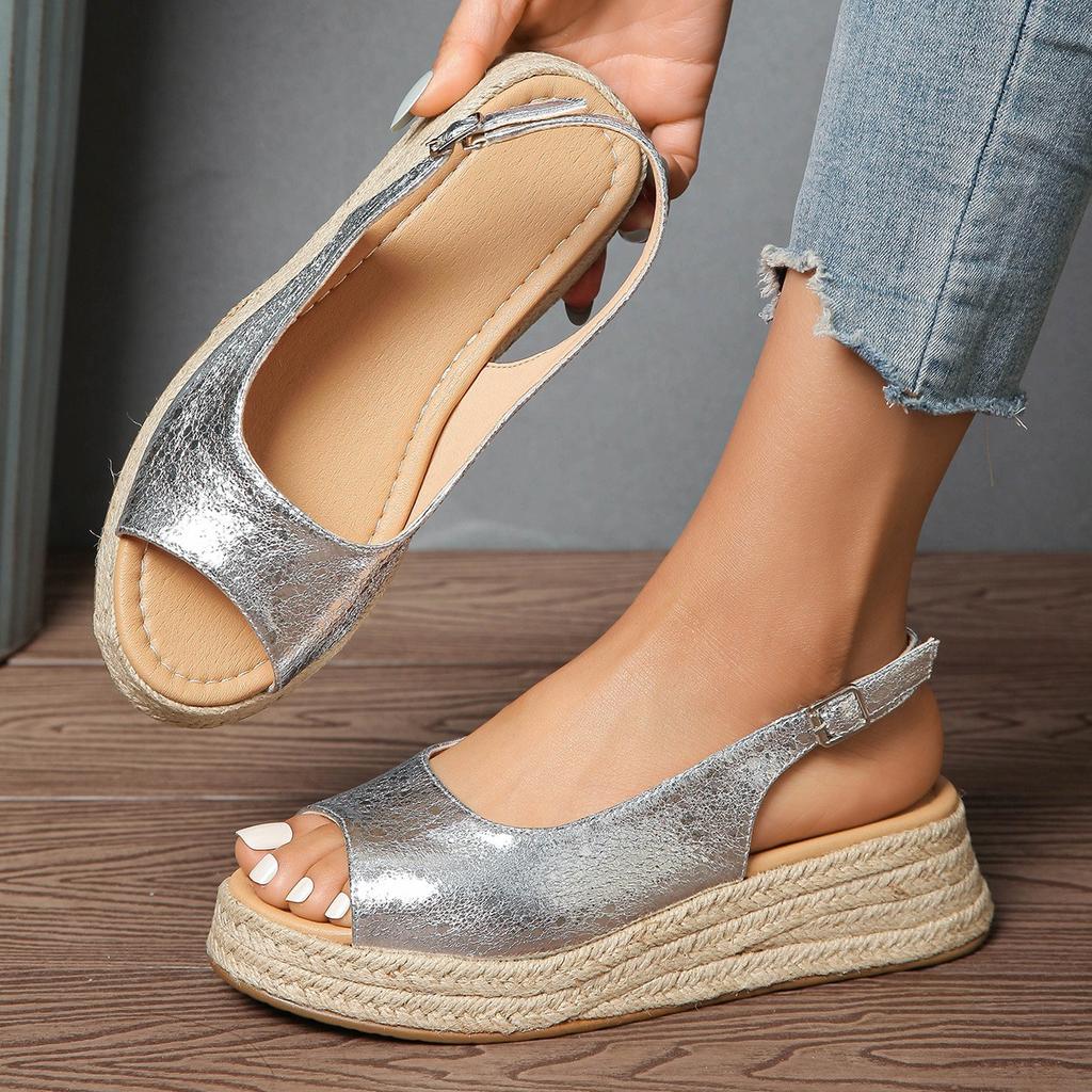 Women's Slope Heel Sandals Summer European & American Style Fishmouth Straw Back Buckle Thick Sole Casual Resort Beach Shoes