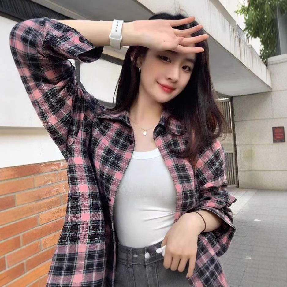 

Vintage Black and Pink Plaid Patchwork Long Sleeve Shirt - Retro Literary Style, Loose Fit XL